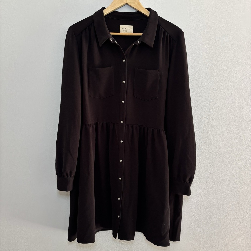 Sézane Leana Short Dress Women‎ 46 Black Button Up Long Sleeves París Minimalist